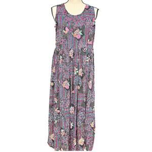 Vintage 90s women's sz 8s leeveless maxi dress black pink purple gold graphic